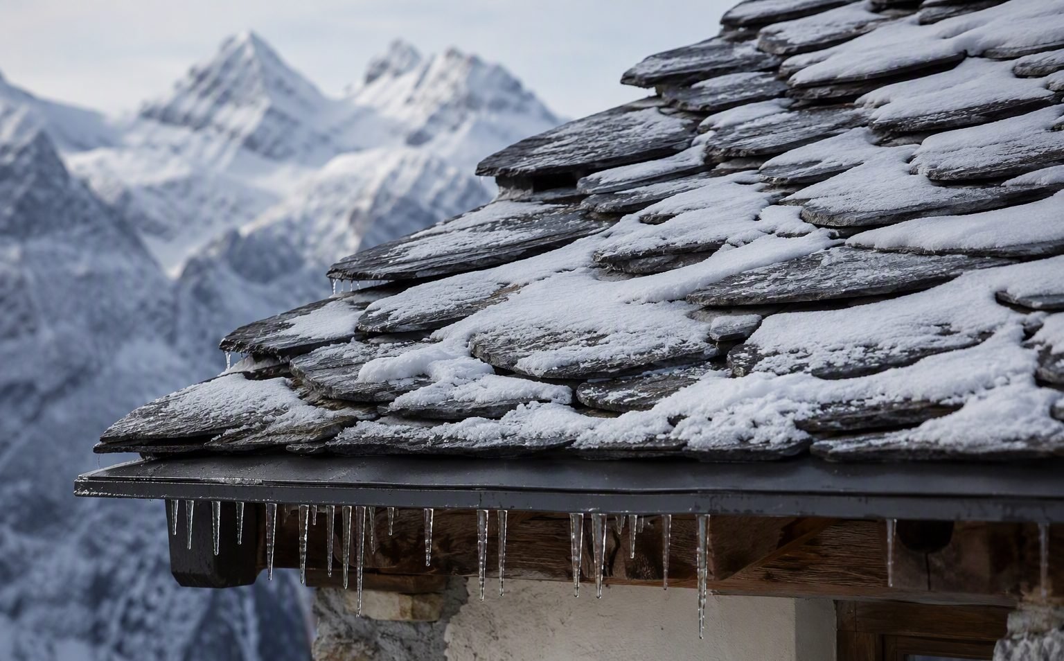 Fresh snow on the slate roof of an Ötztal alpine lodge with glacier peaks behind
