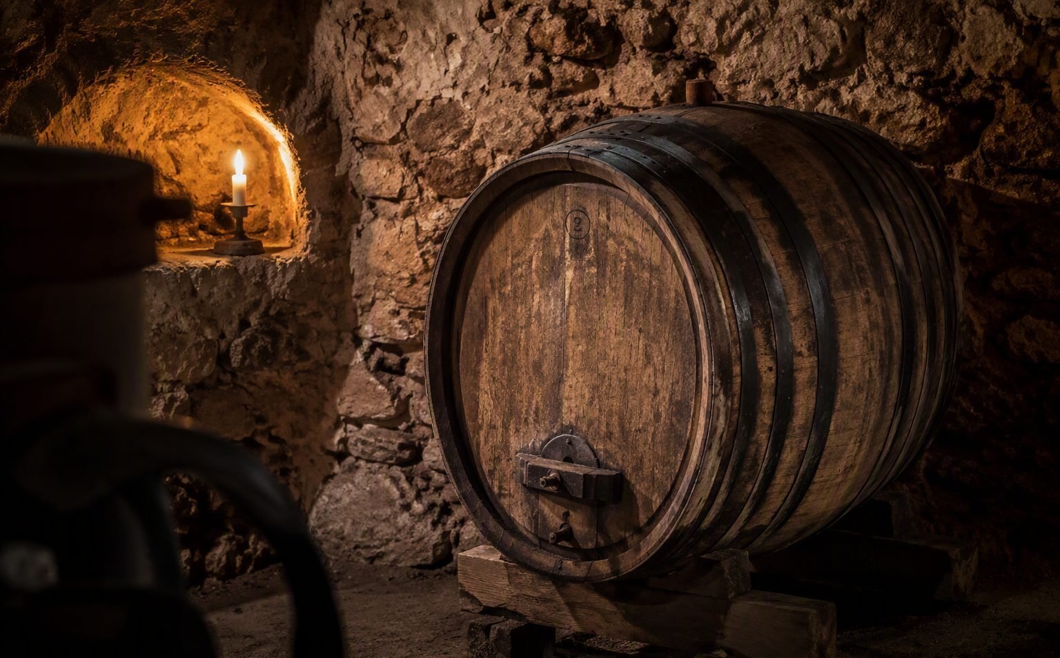 Oak wine barrel in the stone cellar of a Tyrolean estate